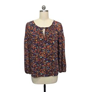 J.Crew Womens Small Floral Ditsy Print Split Neck Tie Front Blouse Long Sleeve